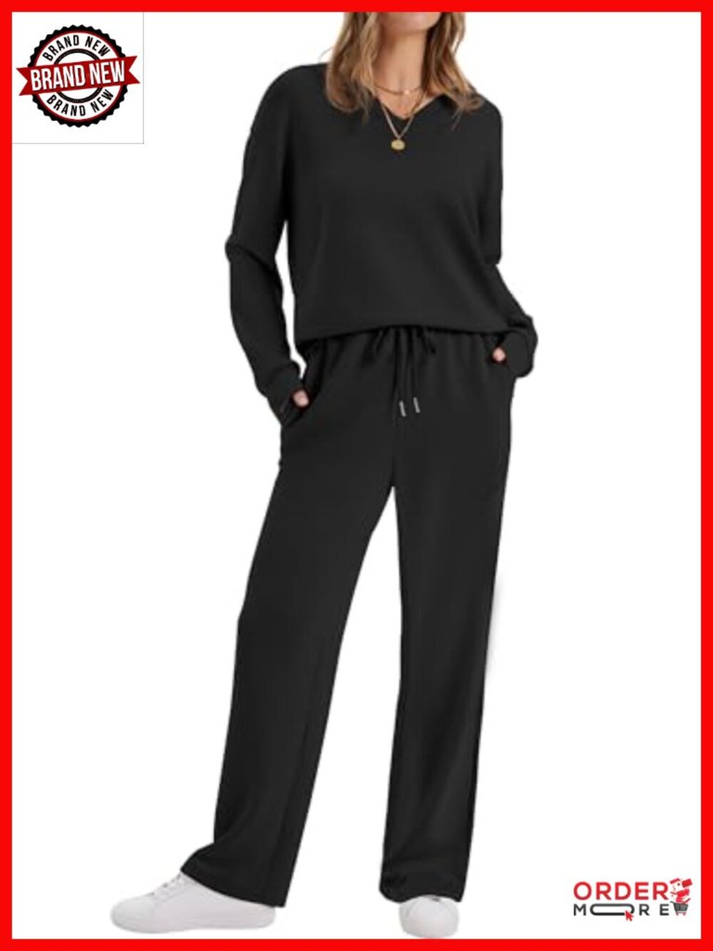 2 Piece Lounge Set Long Sleeve V-Neck Pullover Wide Leg Pants Sweatsuit